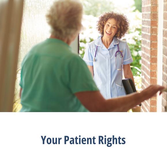 A patient opening the door for a home health care professional and the Your Patient Rights button.